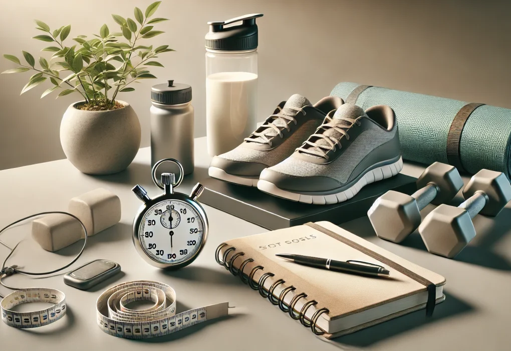 the journey from setting goals to achieving sustainable fitness and personal development. The scene should feature a mix of fitness and personal growth elements, such as a pair of running shoes, a notebook with a pen, a stopwatch, and a set of dumbbells, arranged neatly on a minimalist surface. 