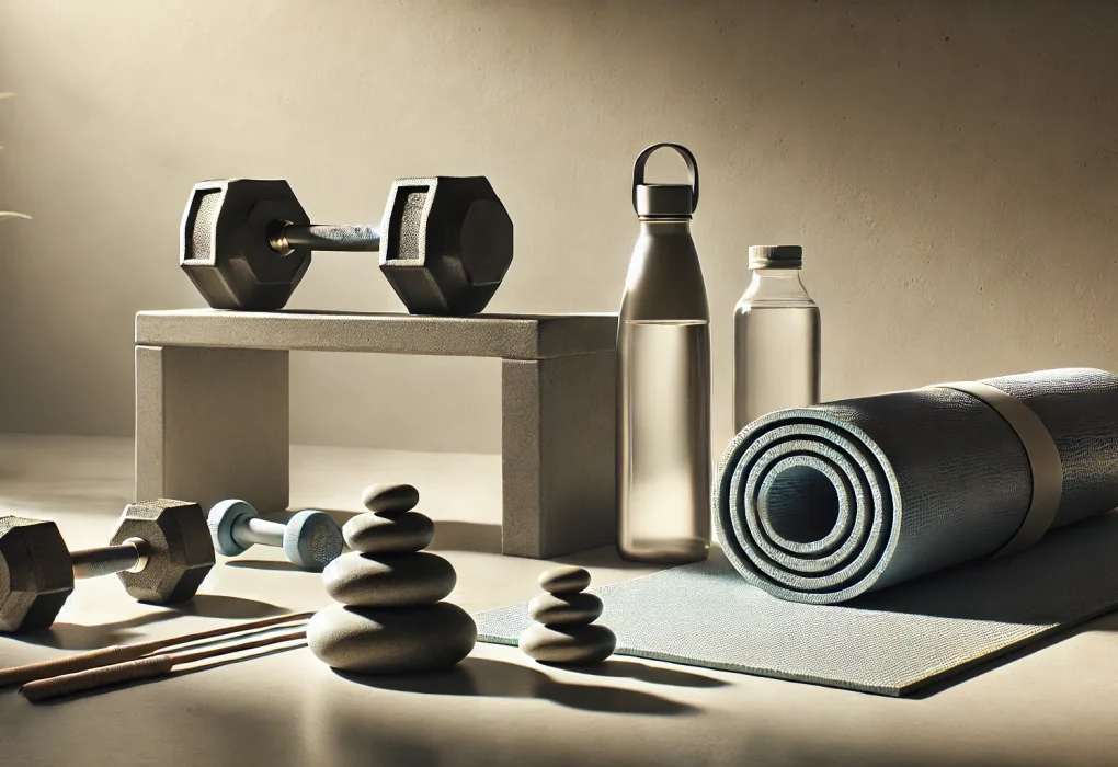 the connection between physical fitness and mental strength. The scene should feature a combination of fitness and mental wellness elements, such as a pair of dumbbells, a yoga mat, a water bottle, and a set of meditation stones arranged neatly on a clean, minimalist surface.