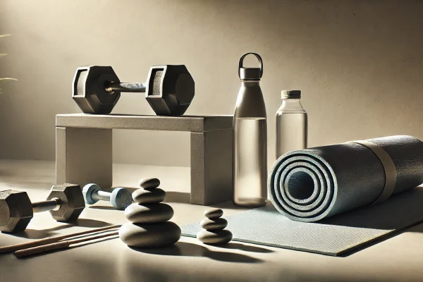 the connection between physical fitness and mental strength. The scene should feature a combination of fitness and mental wellness elements, such as a pair of dumbbells, a yoga mat, a water bottle, and a set of meditation stones arranged neatly on a clean, minimalist surface.