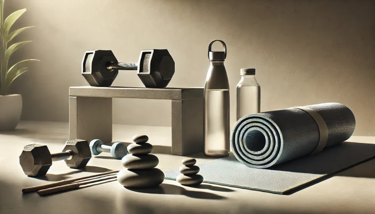 the connection between physical fitness and mental strength. The scene should feature a combination of fitness and mental wellness elements, such as a pair of dumbbells, a yoga mat, a water bottle, and a set of meditation stones arranged neatly on a clean, minimalist surface.