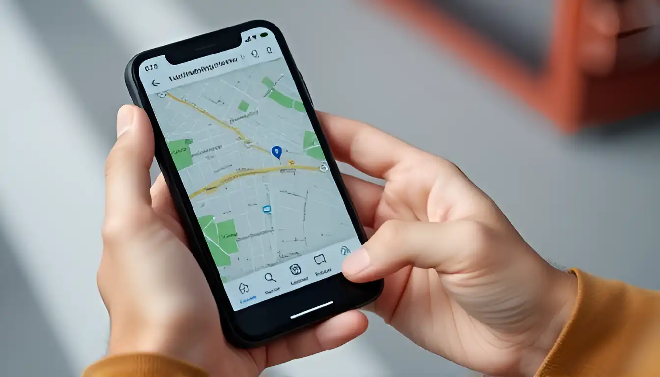 A picture of a smartphone with a map app on a screen in someone’s hands