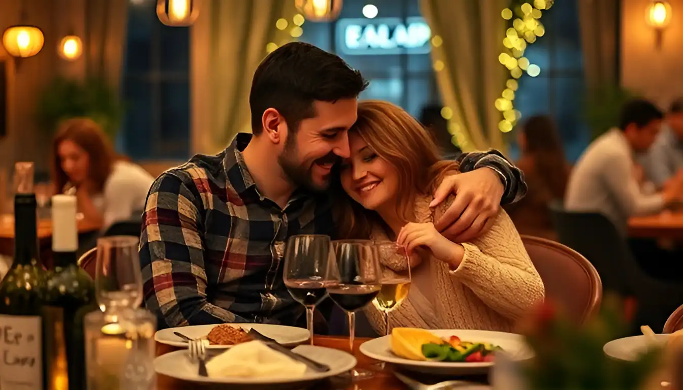 A man and a woman hugging each other while having a dinner together