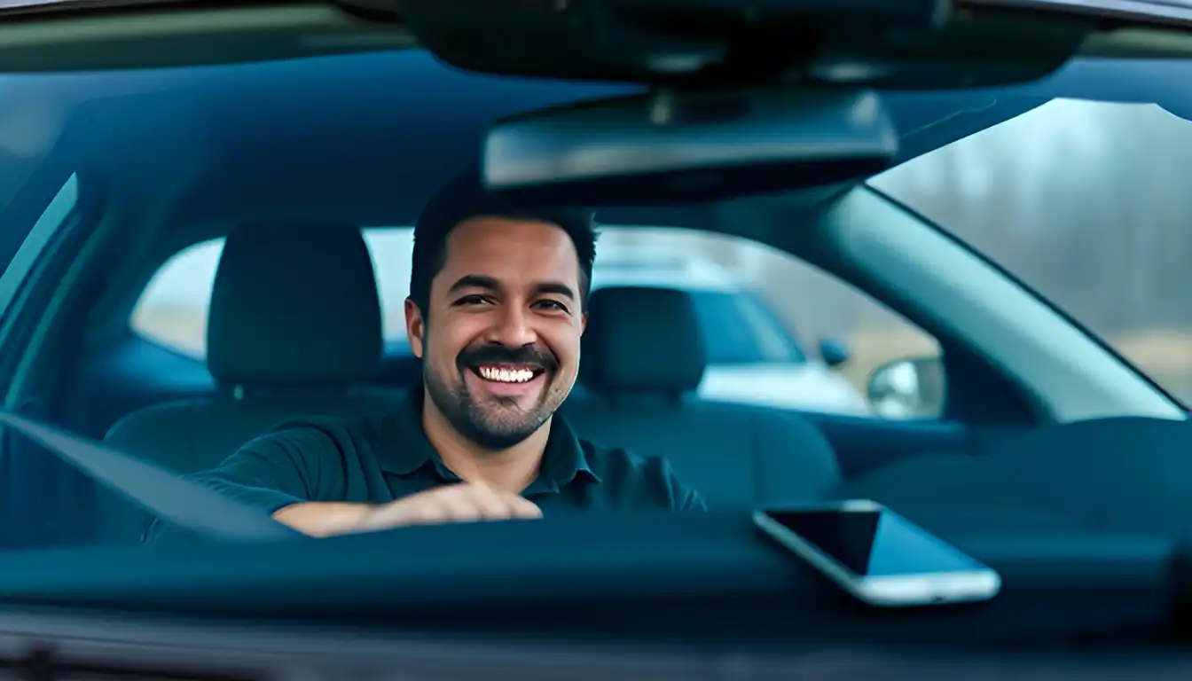 A smiling man is driving a car while his turned off phone lies next to him