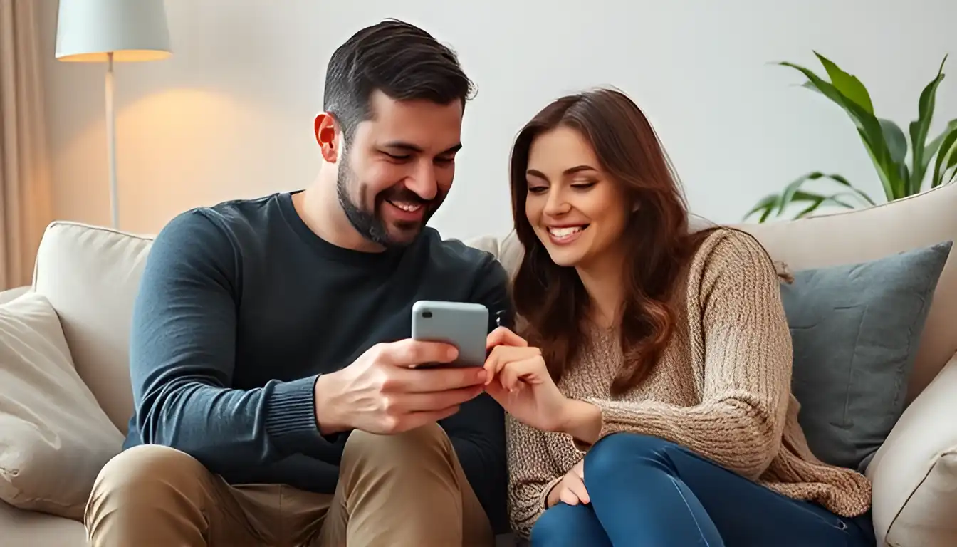 A man and a woman talking to each other and showing something in a phone to each other while sitting on a sofa