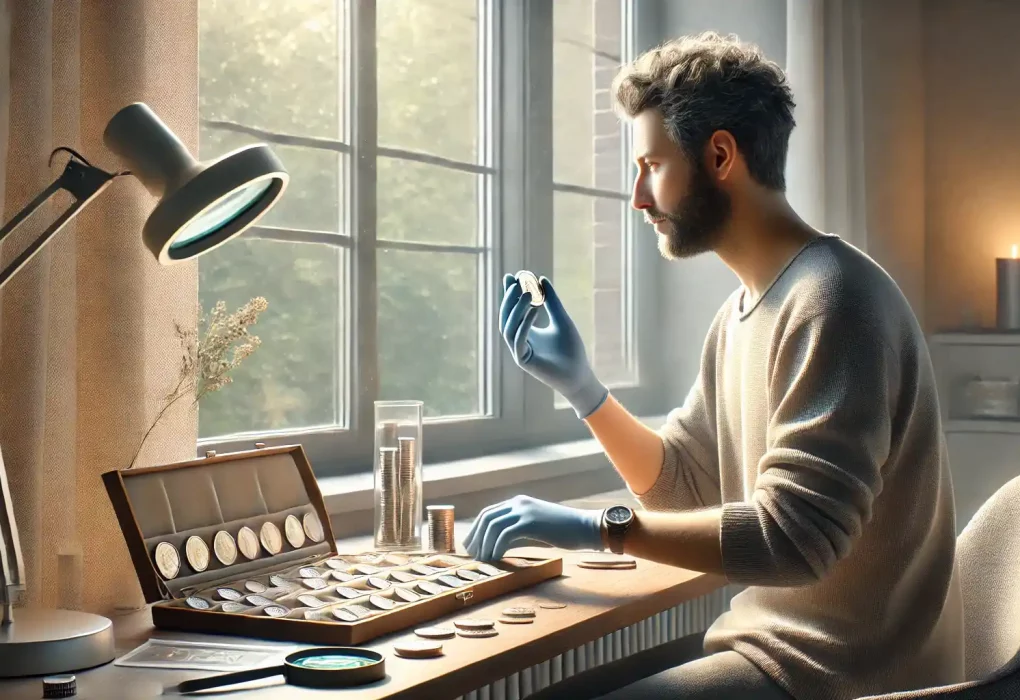 a calm male coin collector is seated by a large window, holding a coin with gloved hands while examining it under natural light.