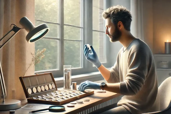 a calm male coin collector is seated by a large window, holding a coin with gloved hands while examining it under natural light.