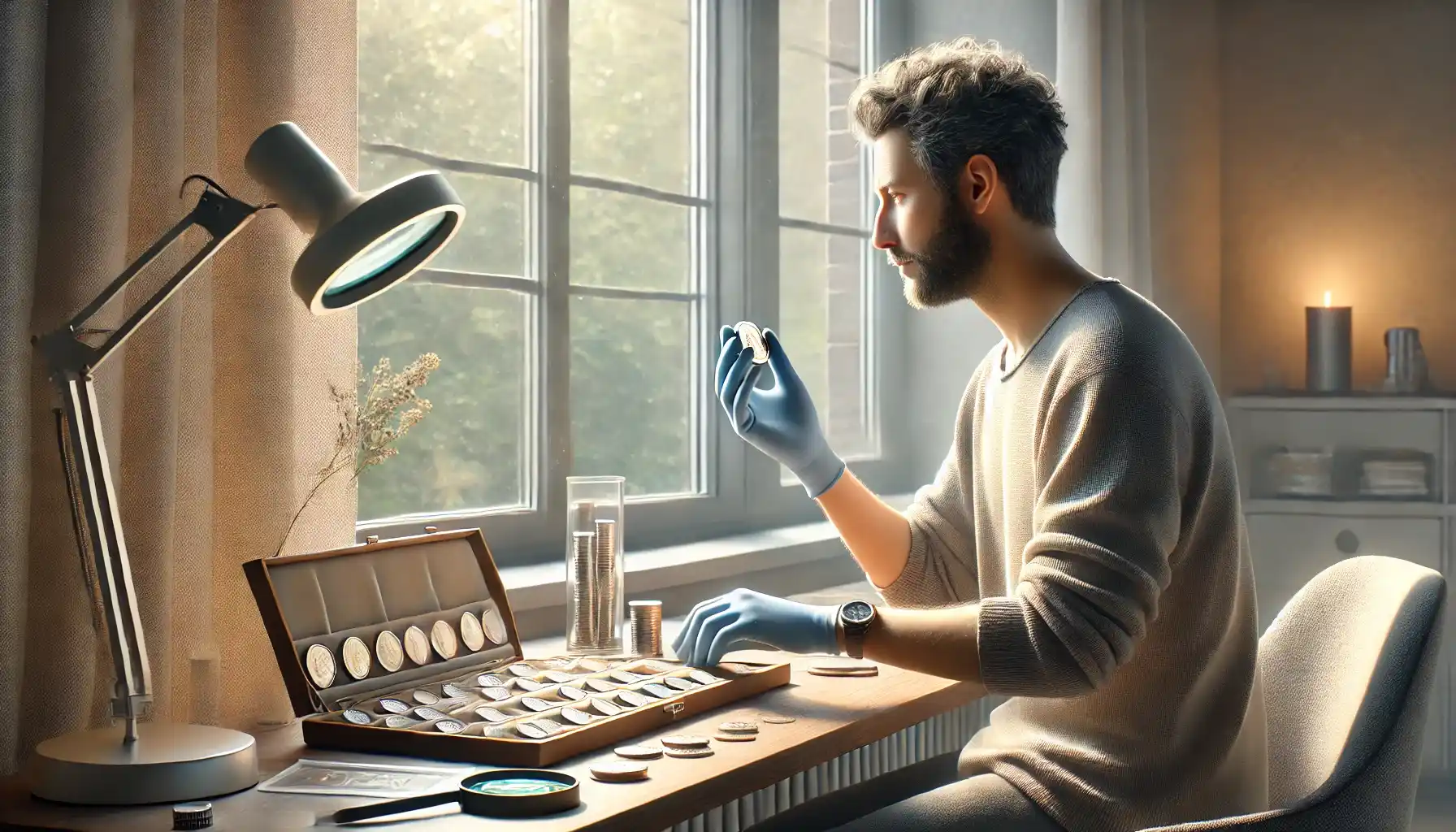 a calm male coin collector is seated by a large window, holding a coin with gloved hands while examining it under natural light.