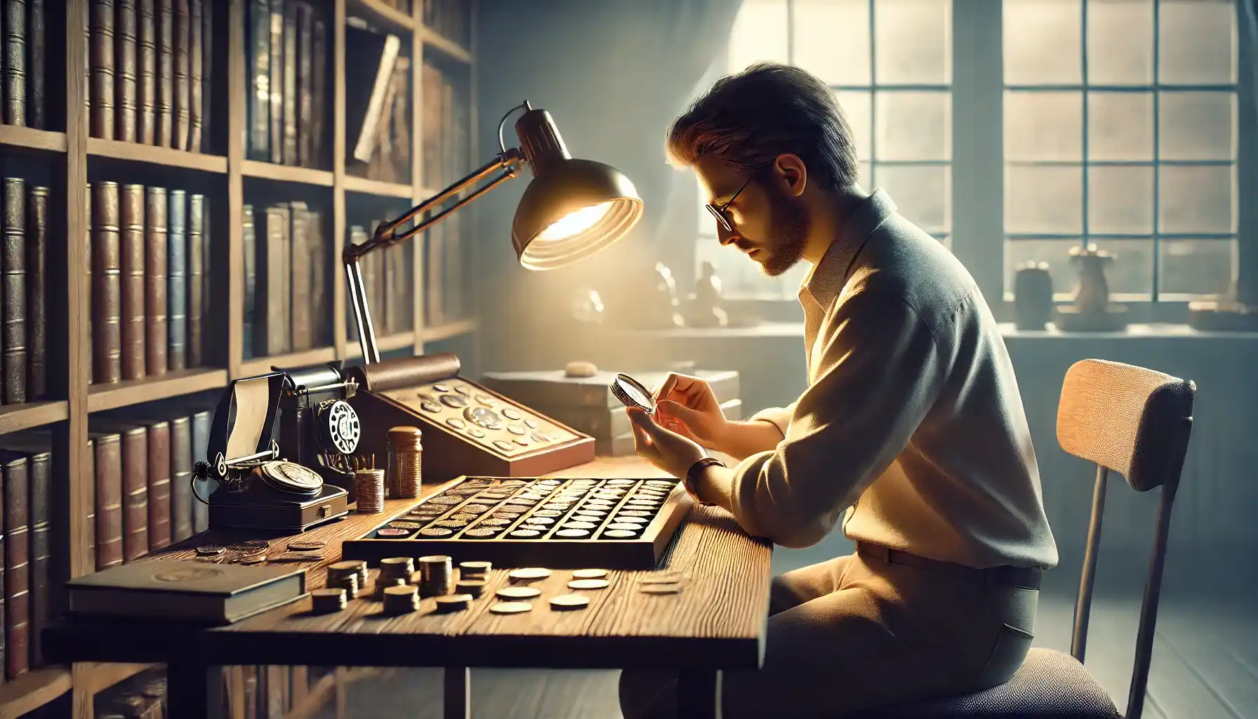 a calm male coin collector in a well-lit room. He is sitting at a wooden desk, carefully examining a coin with a magnifying glass. 