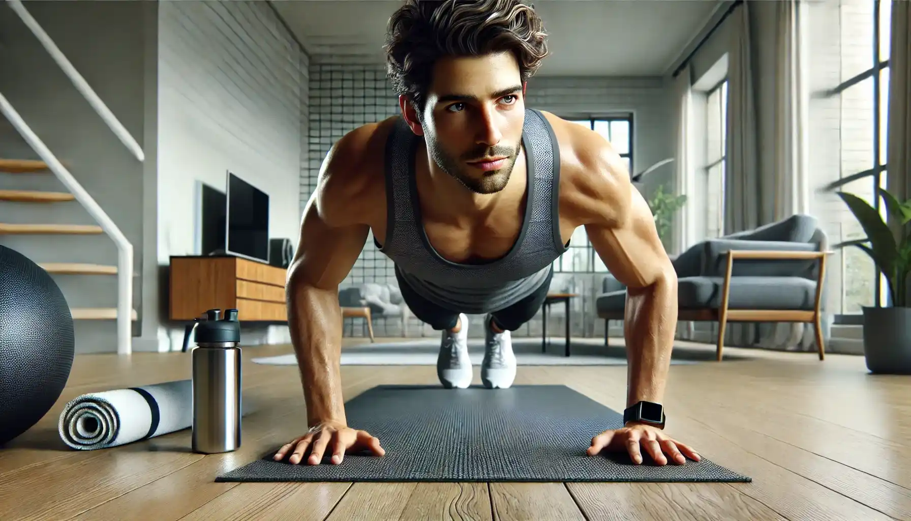 A young man is working out during the time before the working day while he has free time.