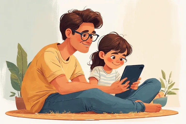 Dad and daughter are sitting on the carpet and looking at a tablet