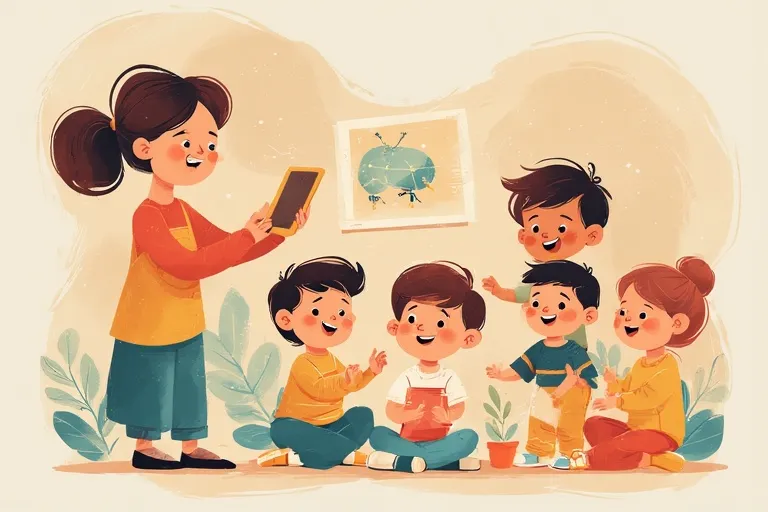 The teacher shows the children exercises on the tablet