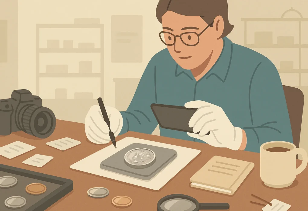 A museum curator documents details of a 1923 silver dollar.