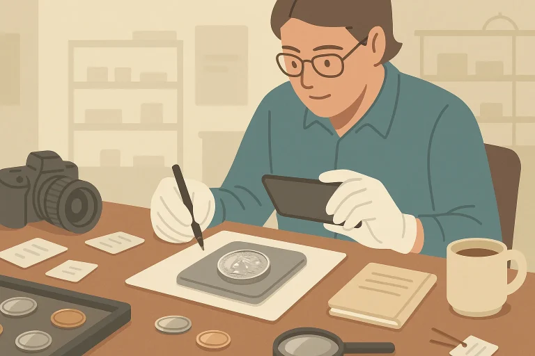 A museum curator documents details of a 1923 silver dollar.