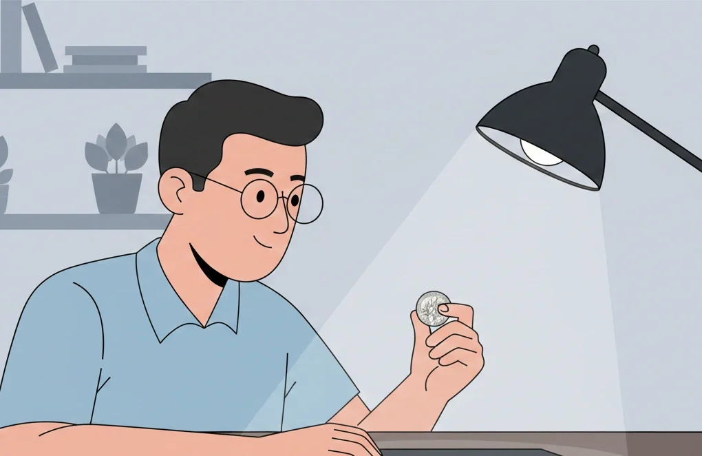 A collector examining a 1984 Roosevelt dime under a bright desk lamp