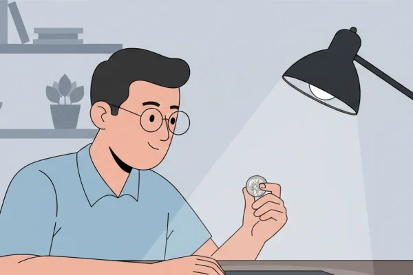 A collector examining a 1984 Roosevelt dime under a bright desk lamp