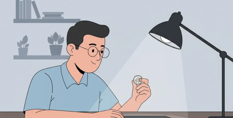 A collector examining a 1984 Roosevelt dime under a bright desk lamp