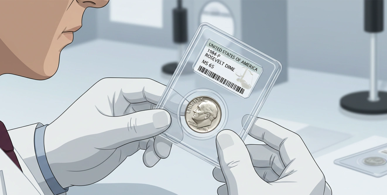 A grading specialist placing a 1984 dime into a protective slab with label visible
